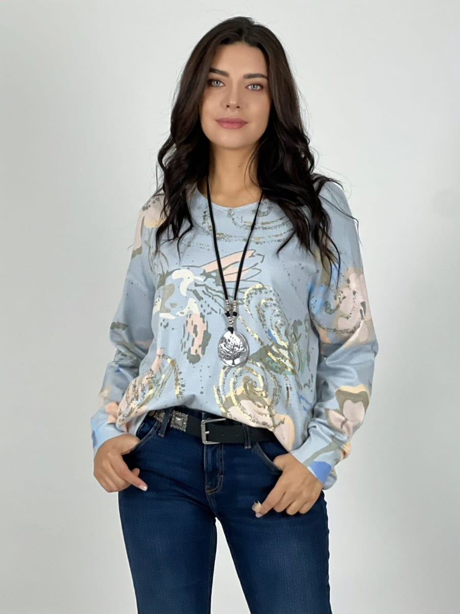 Sweater Spandex Abstracto Brillos Estampado Flores Ave A1-1211