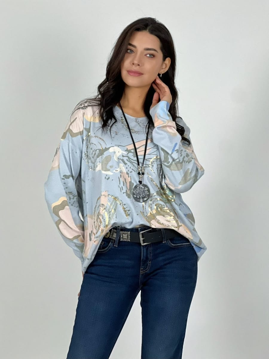 Sweater Spandex Abstracto Brillos Estampado Flores Ave A1-1213