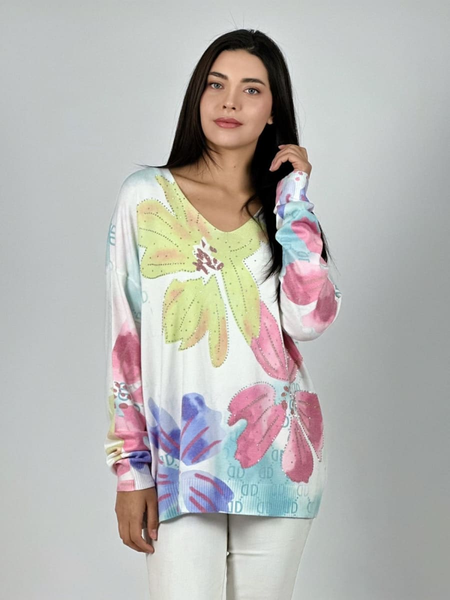 Sweater Spandex Estampado Flores con Brillos A1-3611