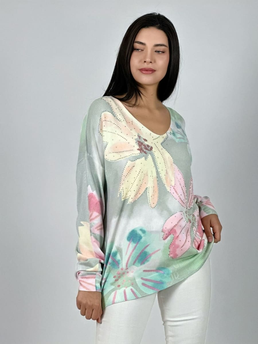 Sweater Spandex Estampado Flores con Brillos A1-3612