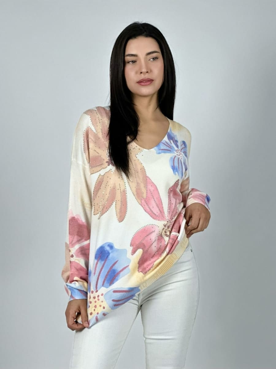 Sweater Spandex Estampado Flores con Brillos A1-362
