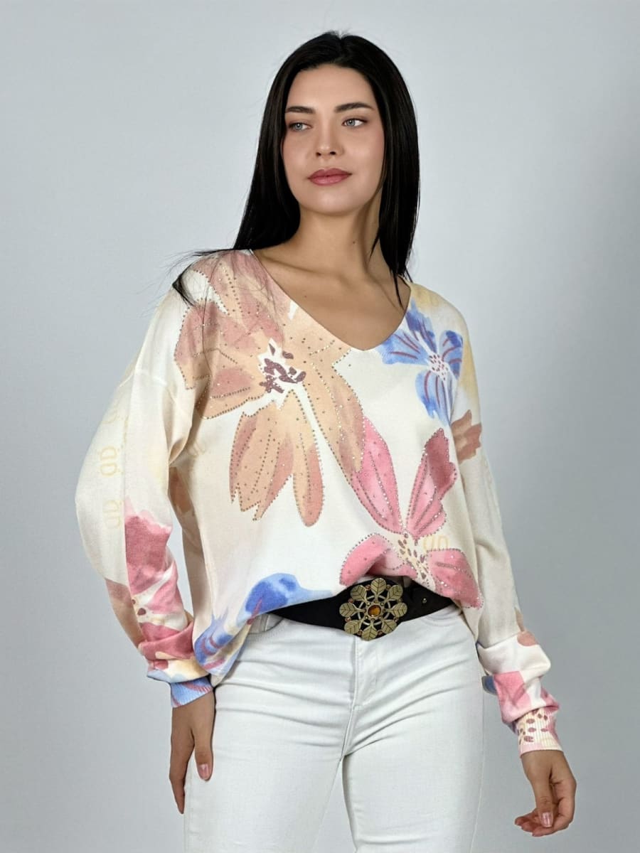 Sweater Spandex Estampado Flores con Brillos A1-361