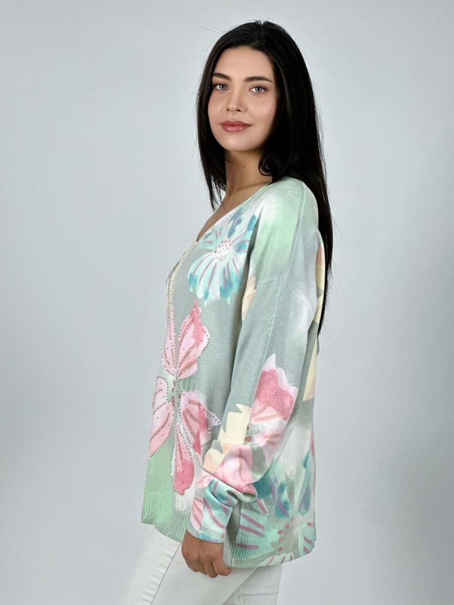 Sweater Spandex Estampado Flores con Brillos A1-3614