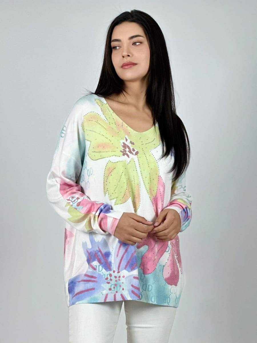 Sweater Spandex Estampado Flores con Brillos A1-3610