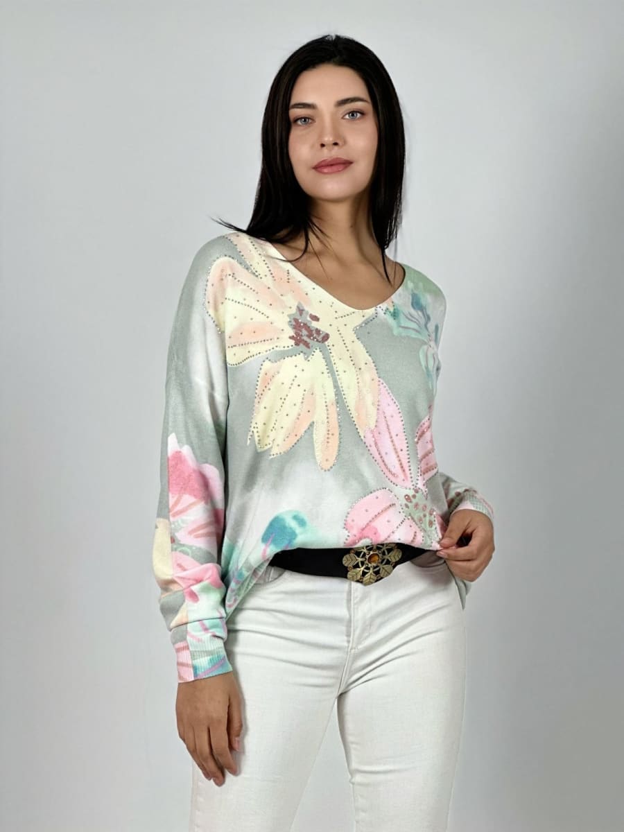 Sweater Spandex Estampado Flores con Brillos A1-3613
