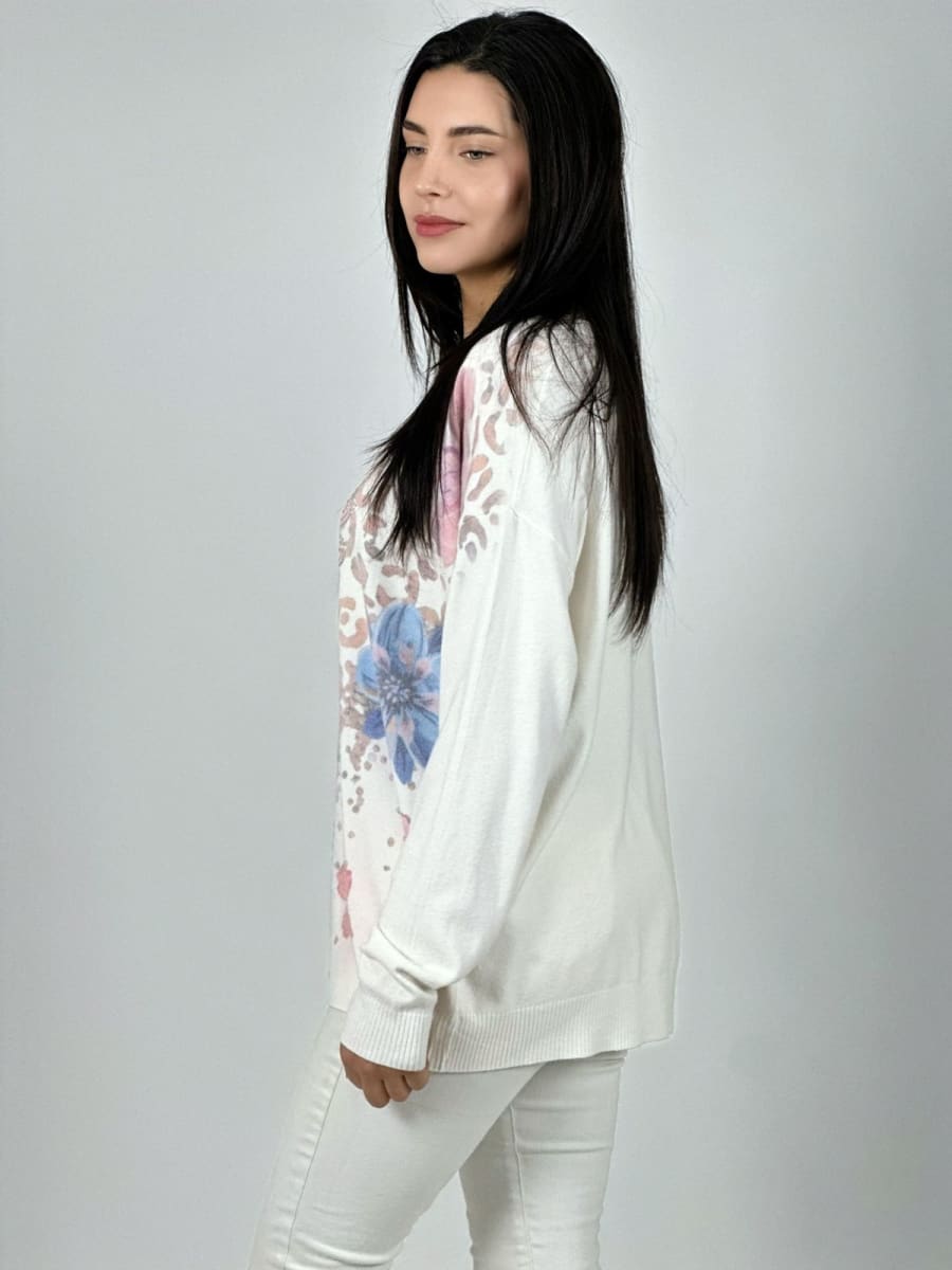 Sweater Spandex Print Con Flores y Brillos A1-234