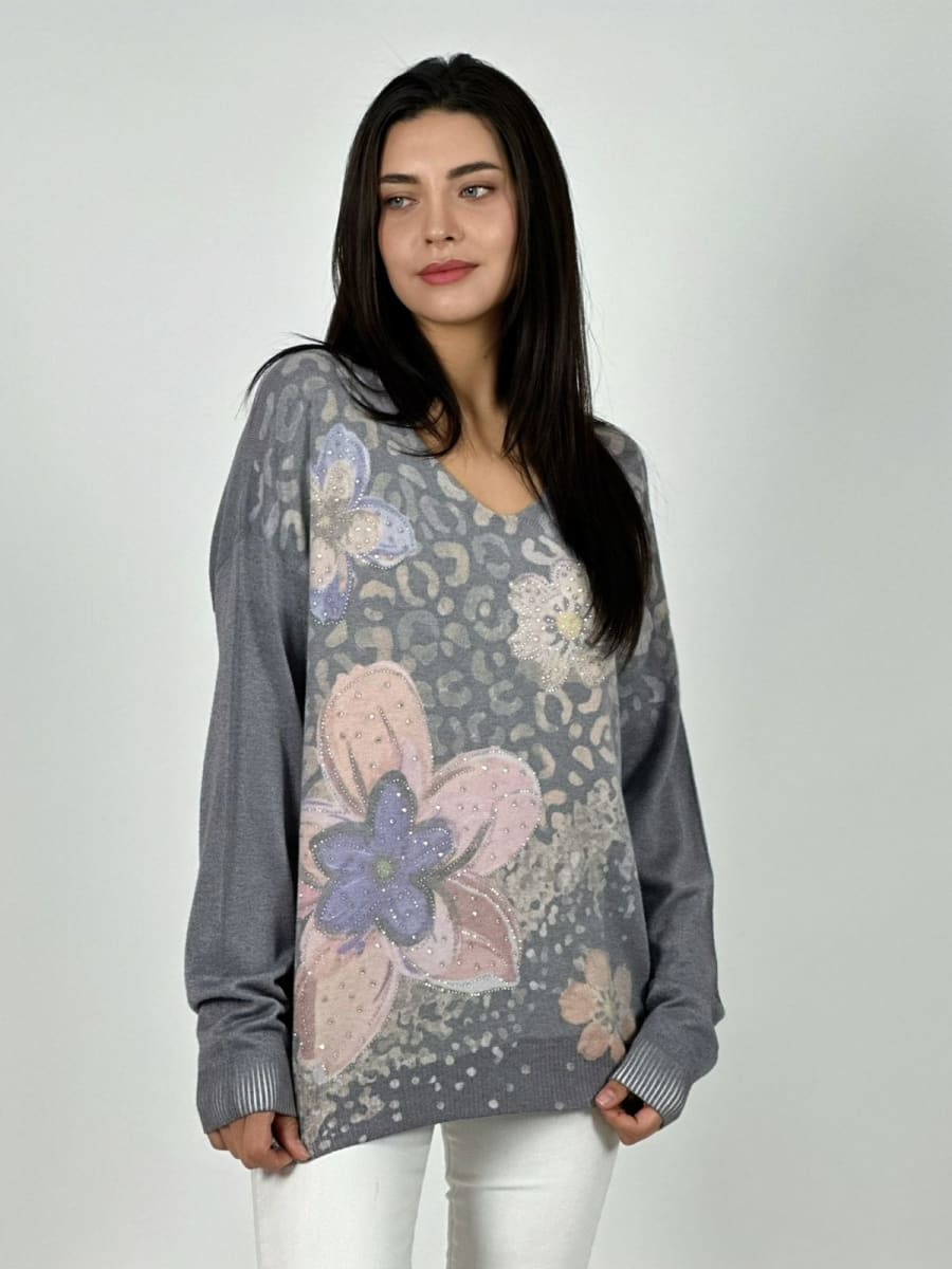 Sweater Spandex Print Con Flores y Brillos A1-236