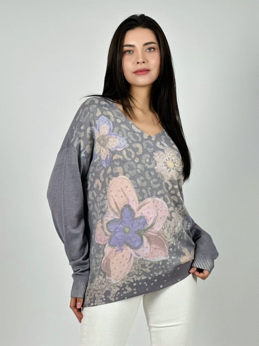 Sweater Spandex Print Con Flores y Brillos A1-237