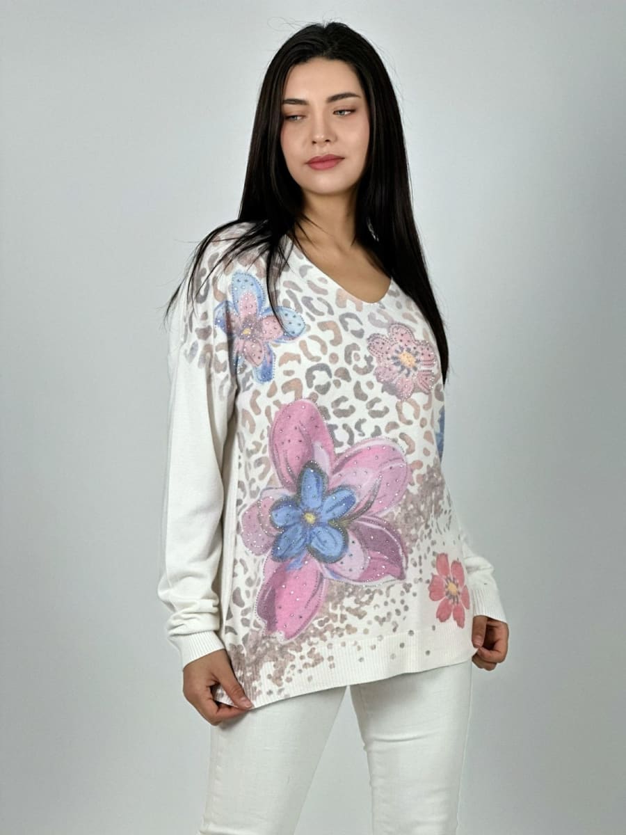 Sweater Spandex Print Con Flores y Brillos A1-232