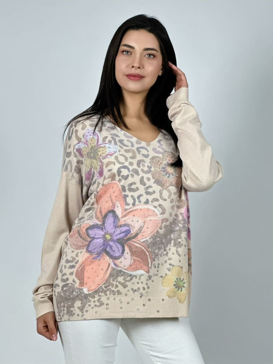 Sweater Spandex Print Con Flores y Brillos A1-2311