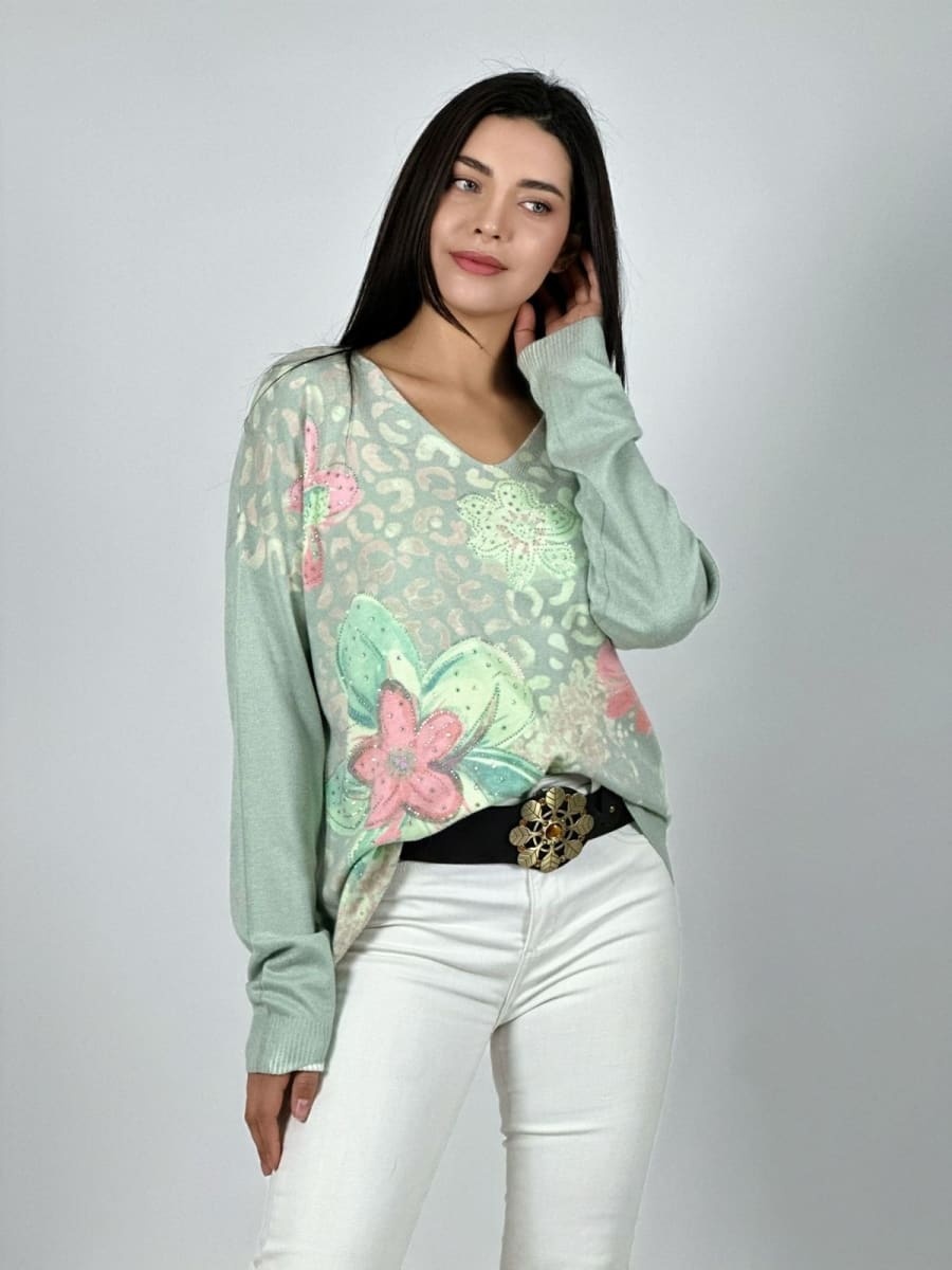 Sweater Spandex Print Con Flores y Brillos A1-2312
