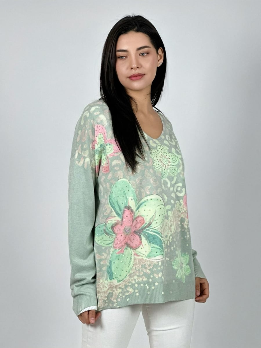 Sweater Spandex Print Con Flores y Brillos A1-2313