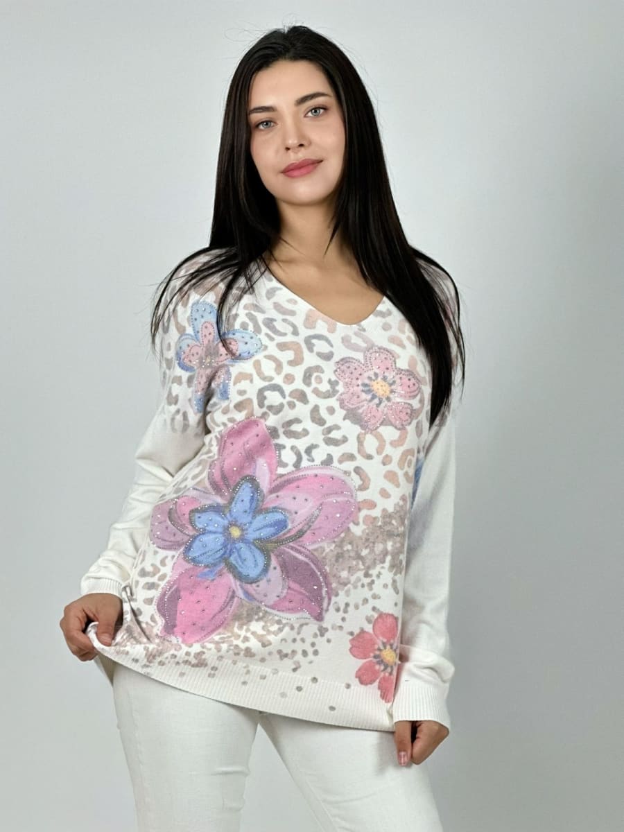 Sweater Spandex Print Con Flores y Brillos A1-231