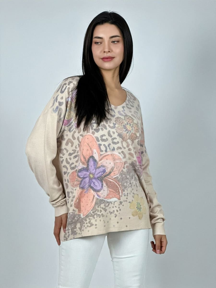 Sweater Spandex Print Con Flores y Brillos A1-2310