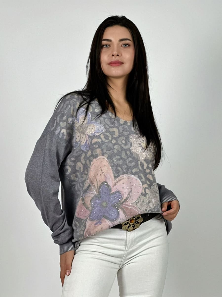 Sweater Spandex Print Con Flores y Brillos A1-235