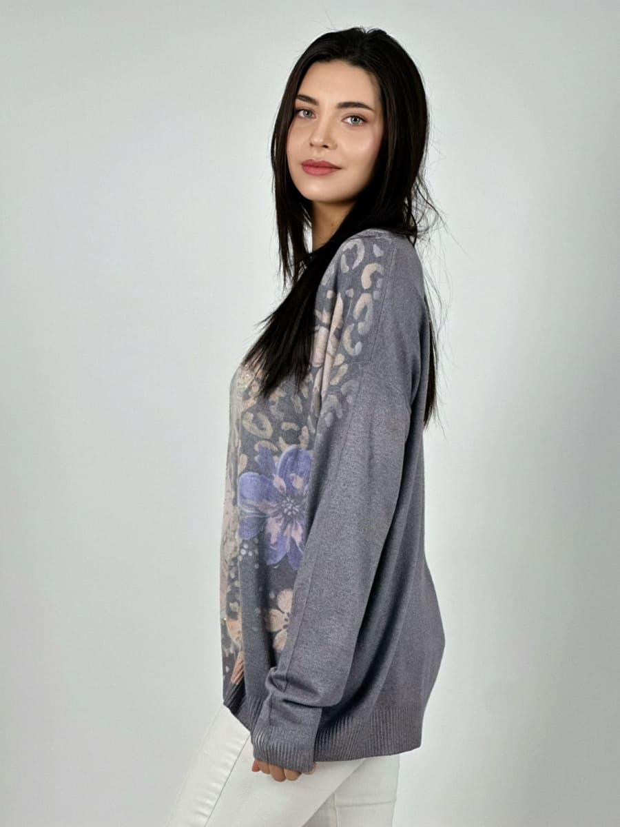 Sweater Spandex Print Con Flores y Brillos A1-238