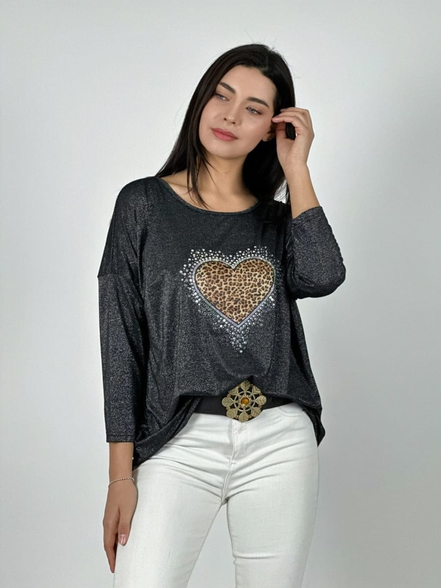 Polera Aceta Corazon Print Con Brillos A1-164