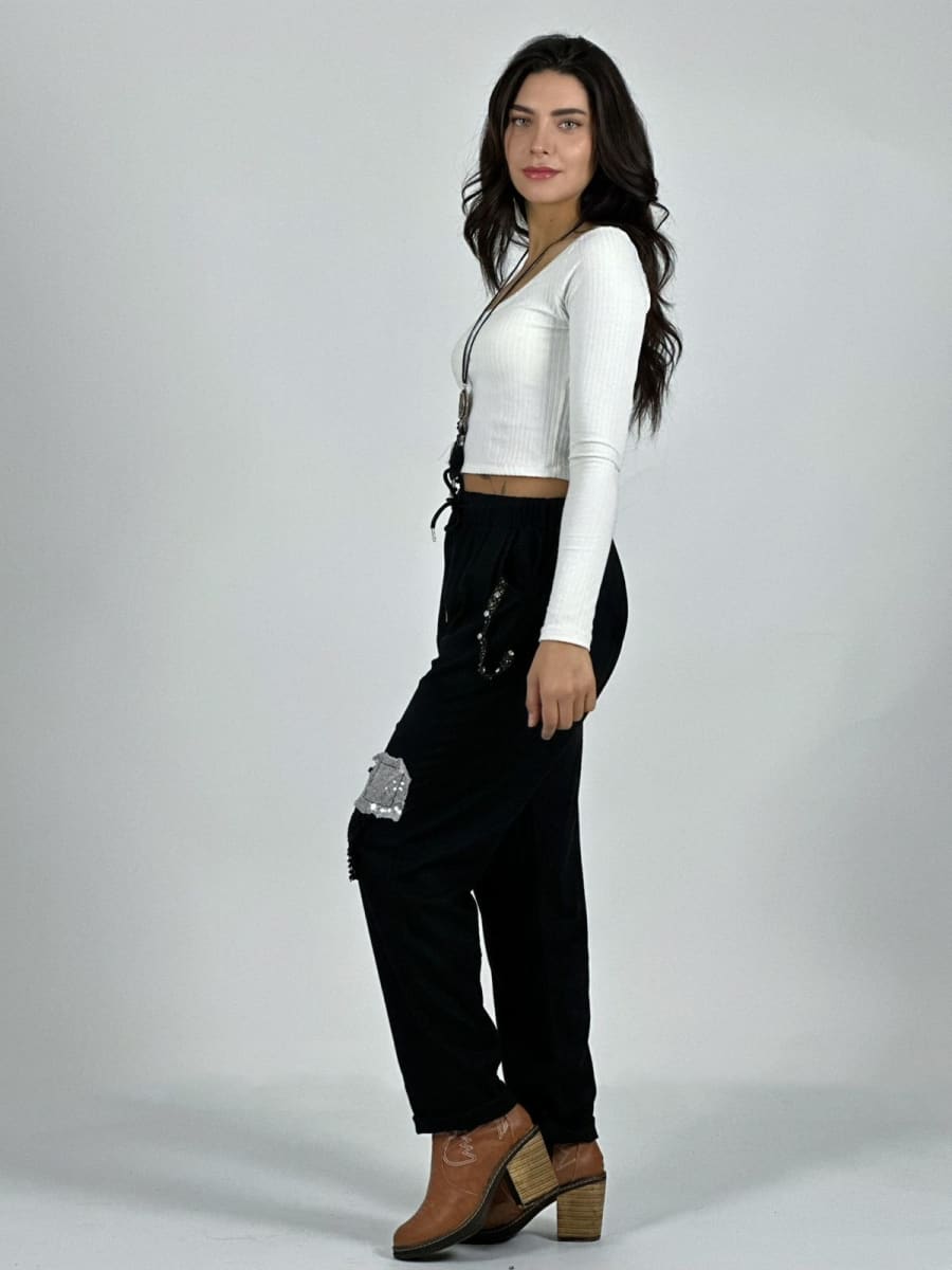 Jogger Lino con Broderi cuadro Print y Brillos A1-113