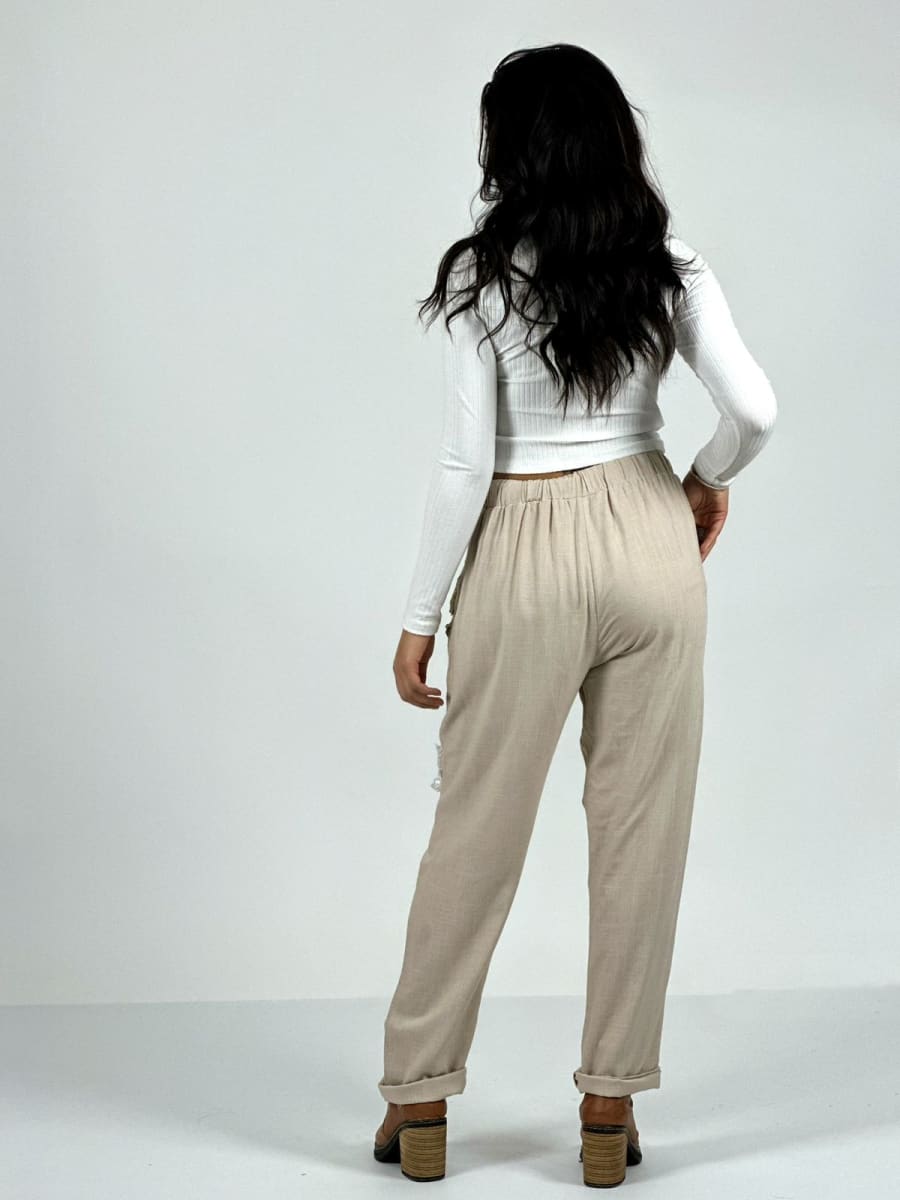 Jogger Lino con Broderi cuadro Print y Brillos A1-1115