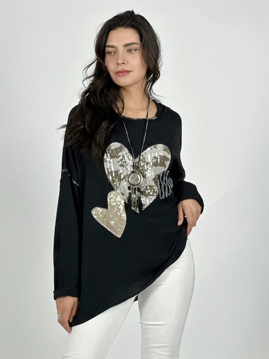Polera Crepe Triple Corazon Lentejuelas A1-222
