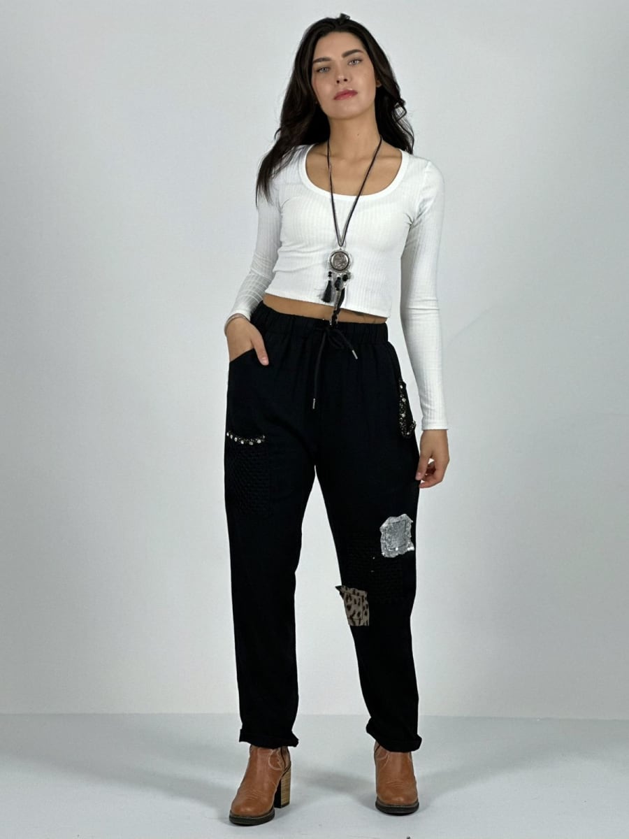 Jogger Lino con Broderi cuadro Print y Brillos A1-111