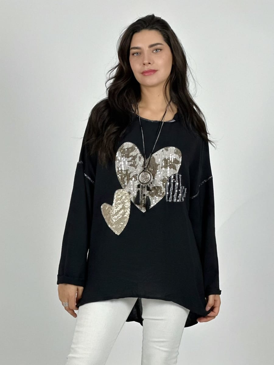 Polera Crepe Triple Corazon Lentejuelas A1-221