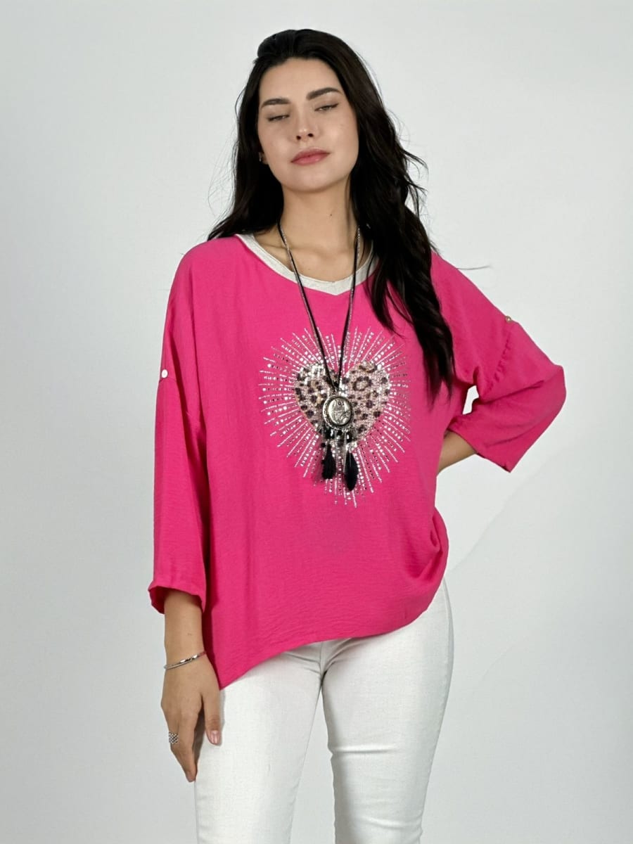 Polera Lino Corazon Print Con Brillos A1-391