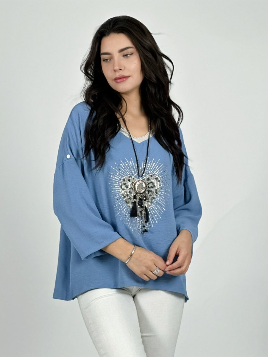 Polera Lino Corazon Print Con Brillos A1-394