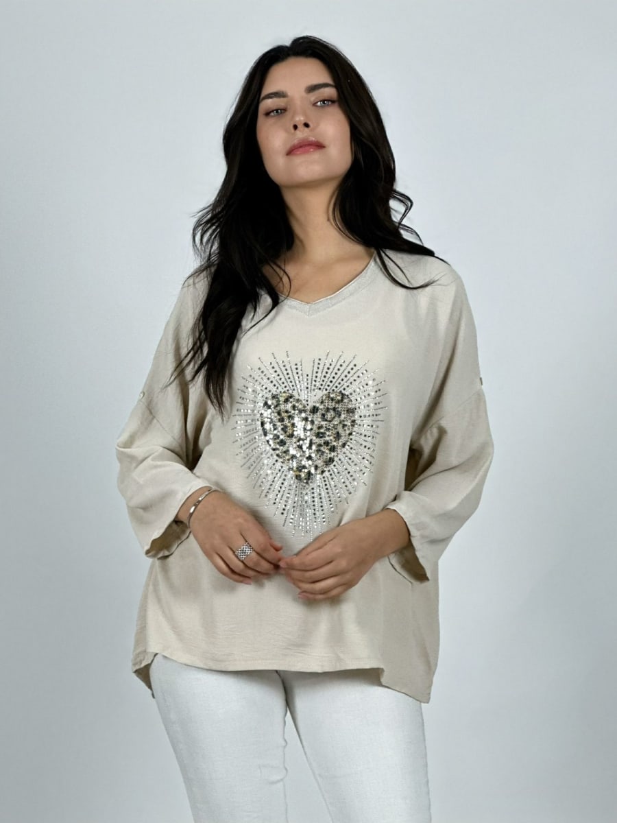 Polera Lino Corazon Print Con Brillos A1-398