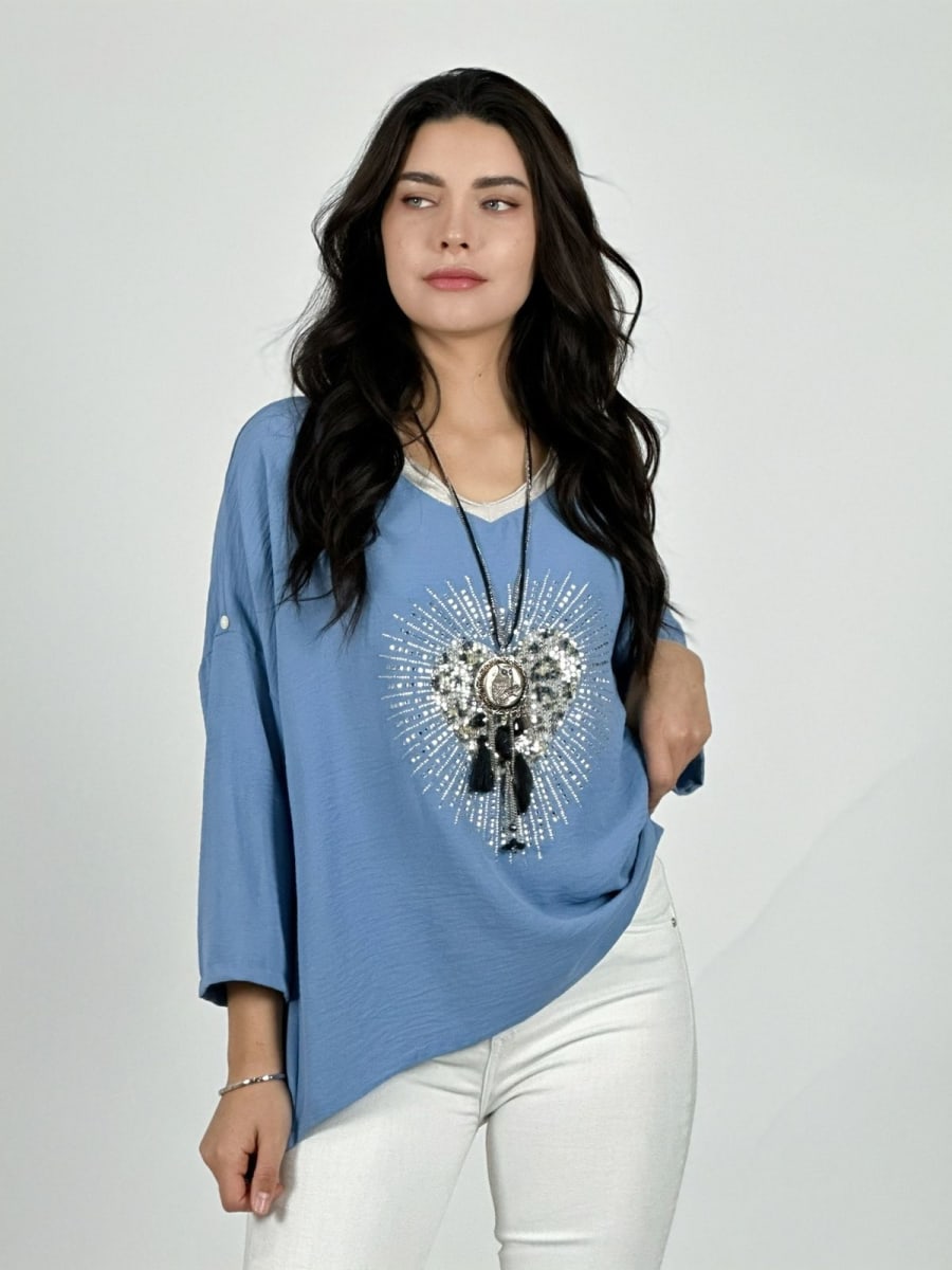 Polera Lino Corazon Print Con Brillos A1-395