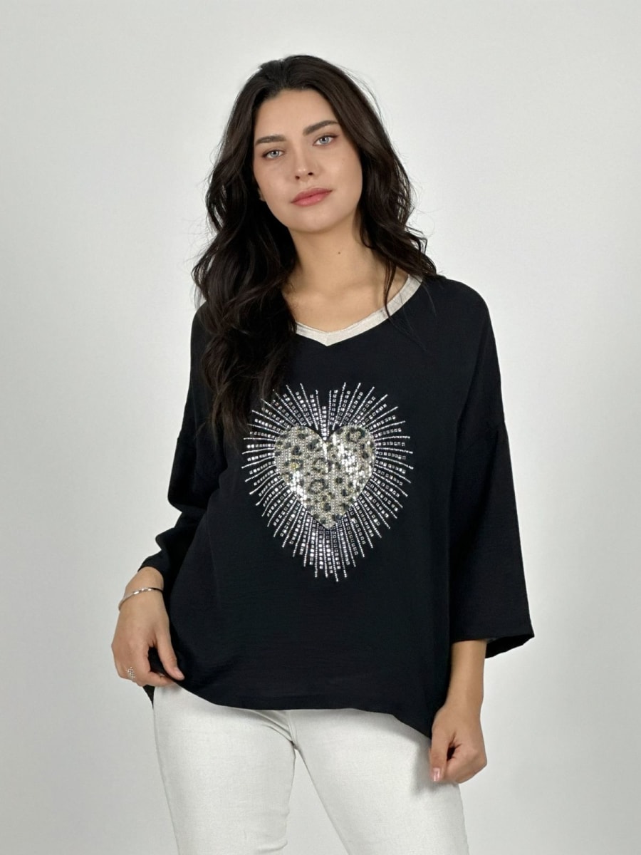 Polera Lino Corazon Print Con Brillos A1-3910