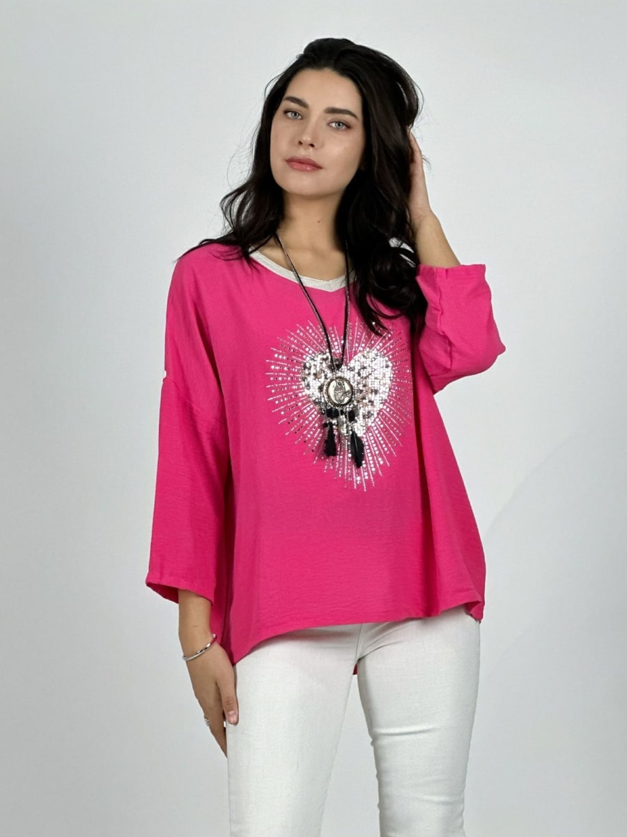 Polera Lino Corazon Print Con Brillos A1-392