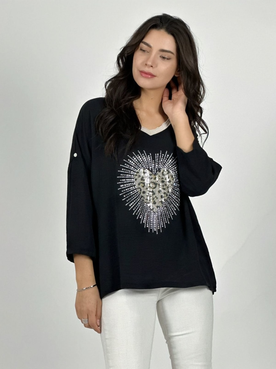 Polera Lino Corazon Print Con Brillos A1-3911