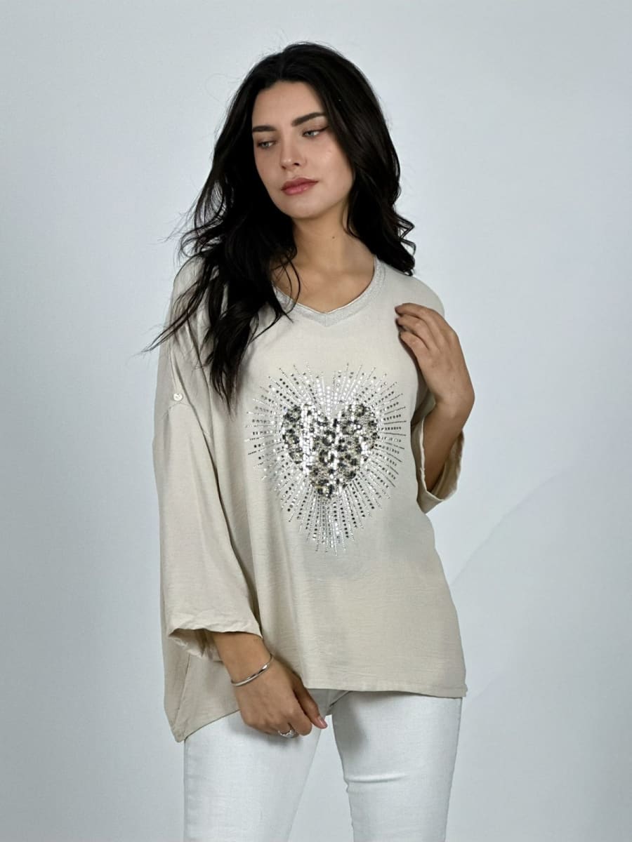 Polera Lino Corazon Print Con Brillos A1-397