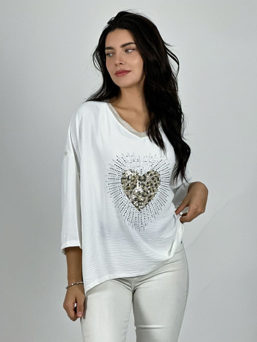 Polera Lino Corazon Print Con Brillos A1-3914
