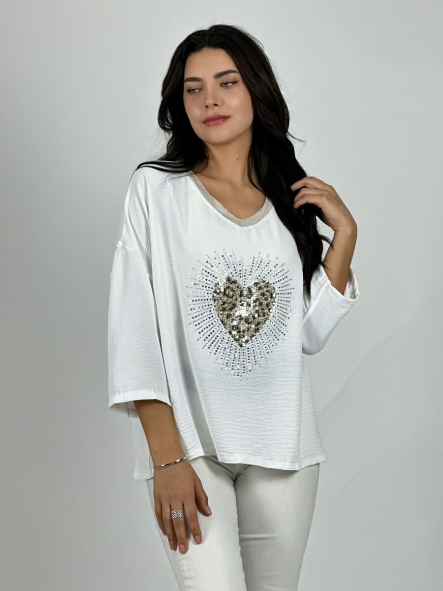 Polera Lino Corazon Print Con Brillos A1-3913