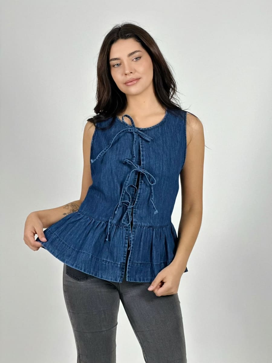 Blusa Mezclilla Faroleo Amarrada S/Mangas A4-902