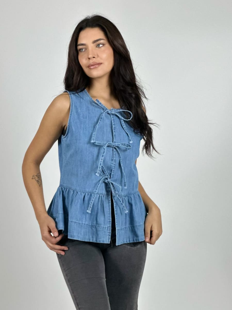 Blusa Mezclilla Faroleo Amarrada S/Mangas A4-905
