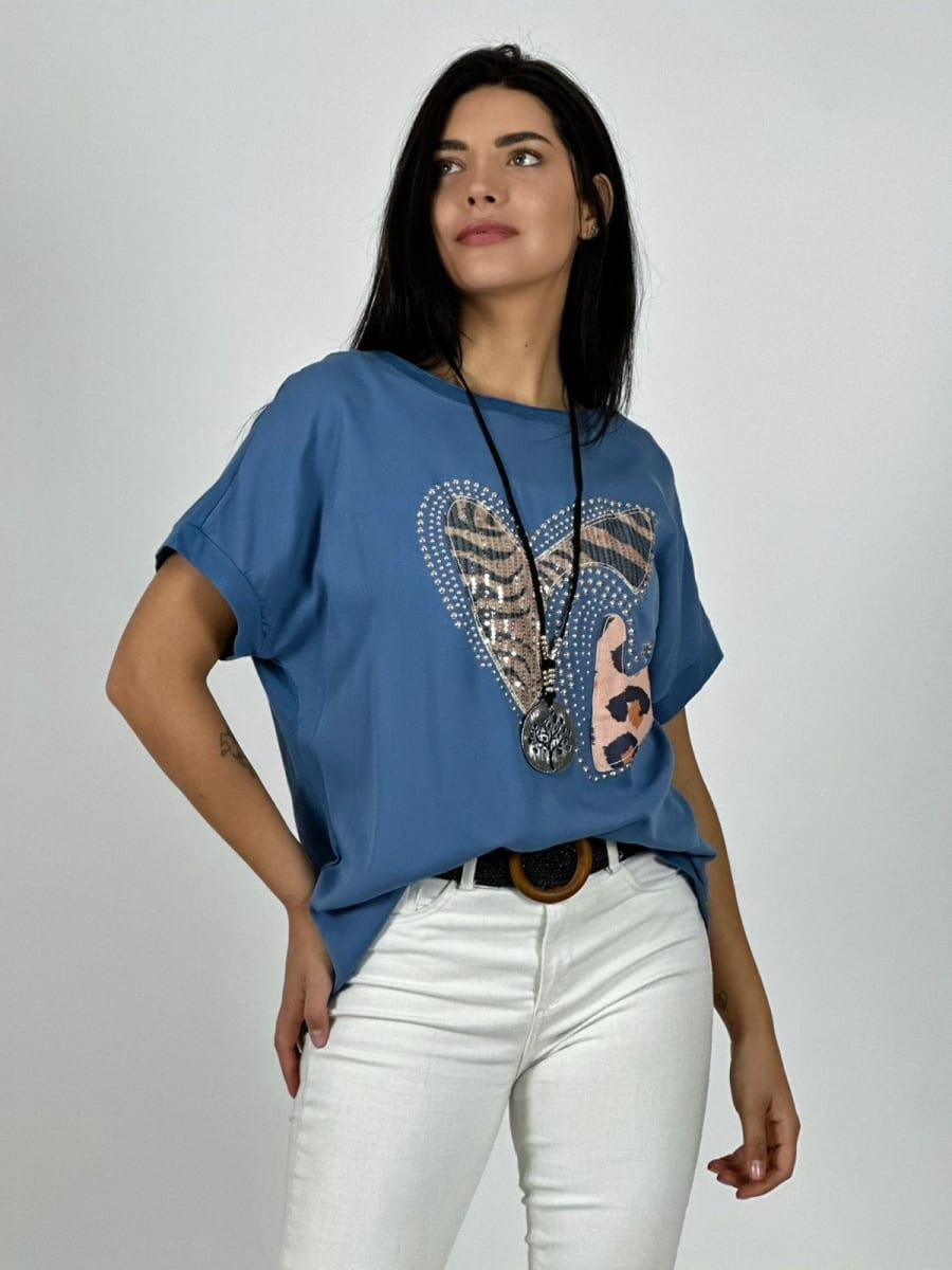 Polera Algodon Doble Corazon Print con Brillos A1-292
