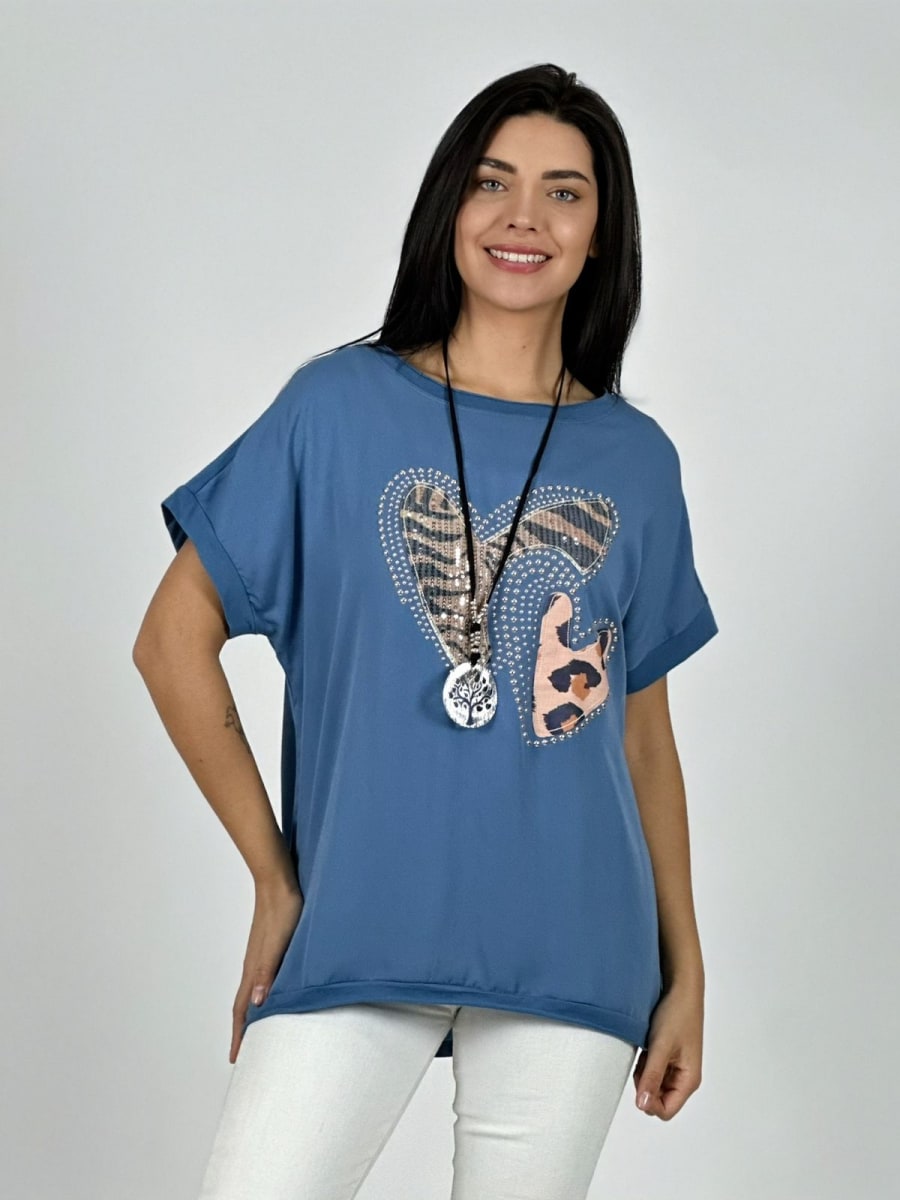 Polera Algodon Doble Corazon Print con Brillos A1-291