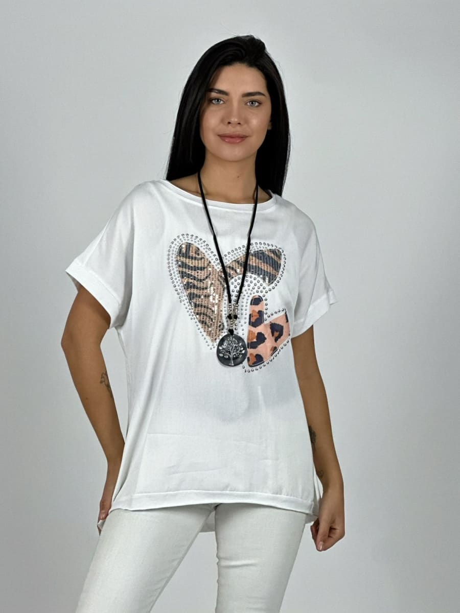 Polera Algodon Doble Corazon Print con Brillos A1-294