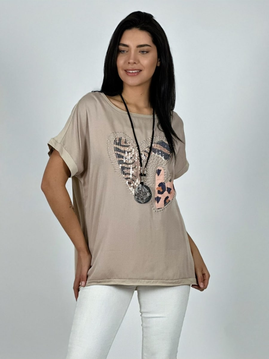 Polera Algodon Doble Corazon Print con Brillos A1-298