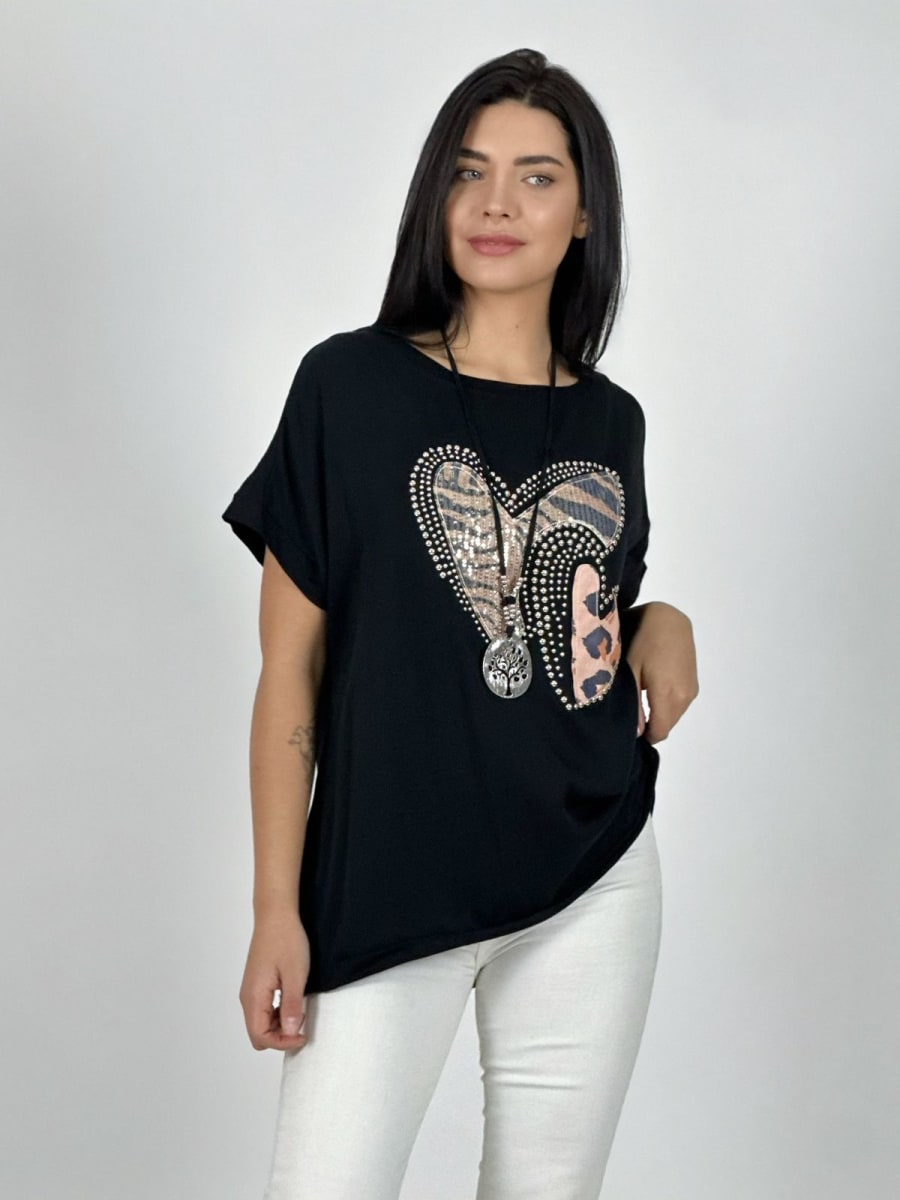 Polera Algodon Doble Corazon Print con Brillos A1-2911