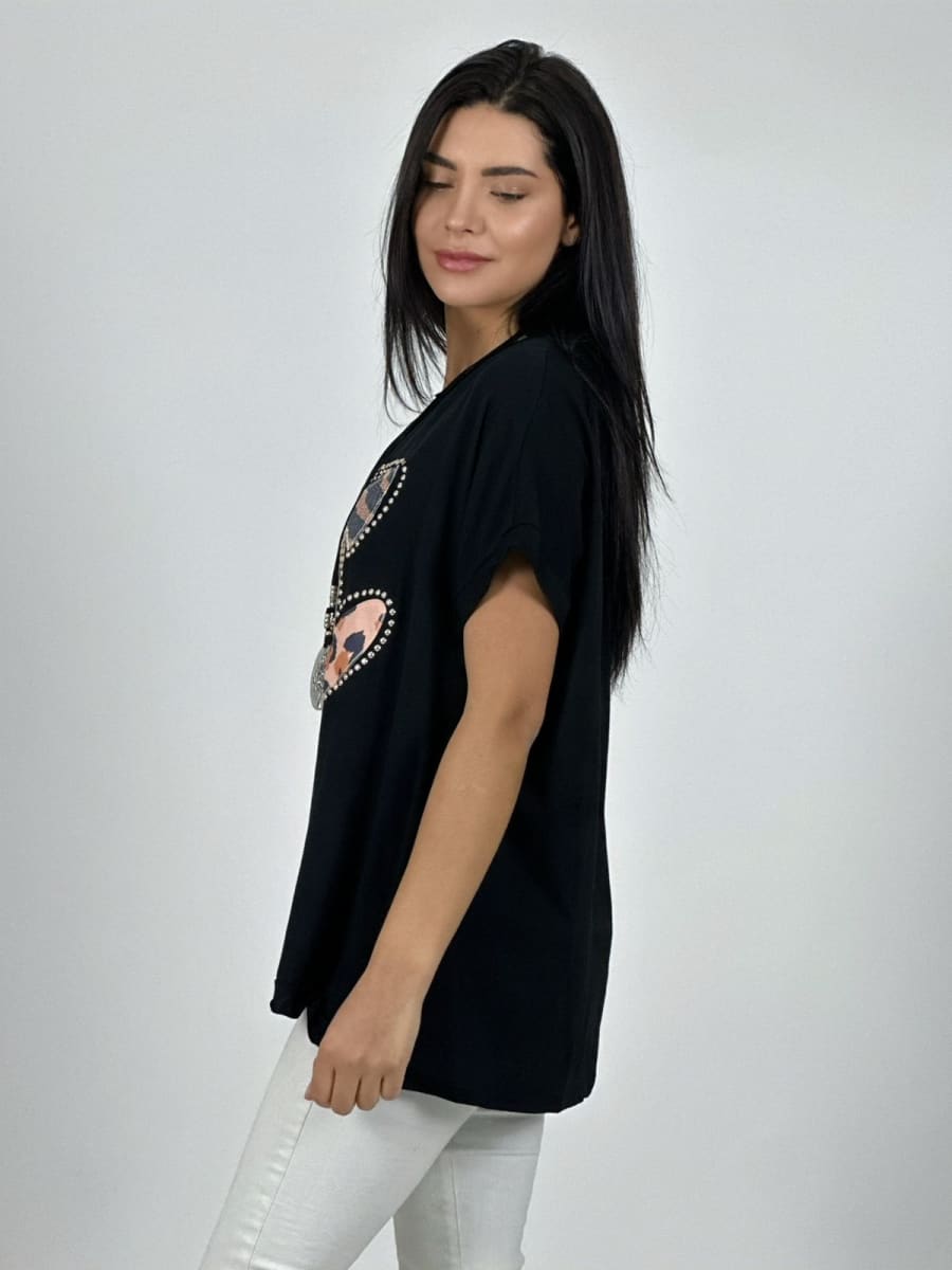 Polera Algodon Doble Corazon Print con Brillos A1-2912