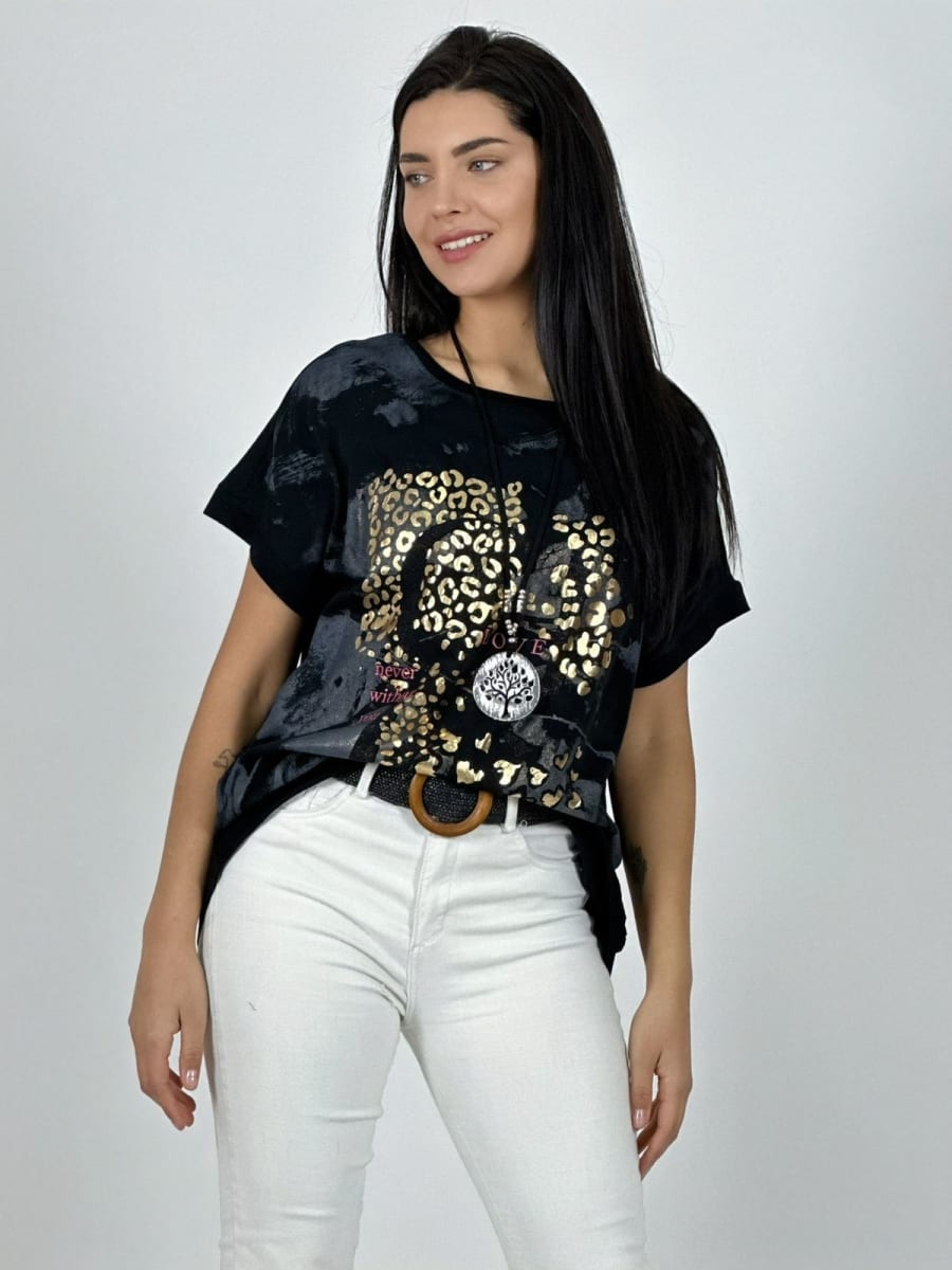Polera Algodon Manchas y Print Brillos LOVE A1-122
