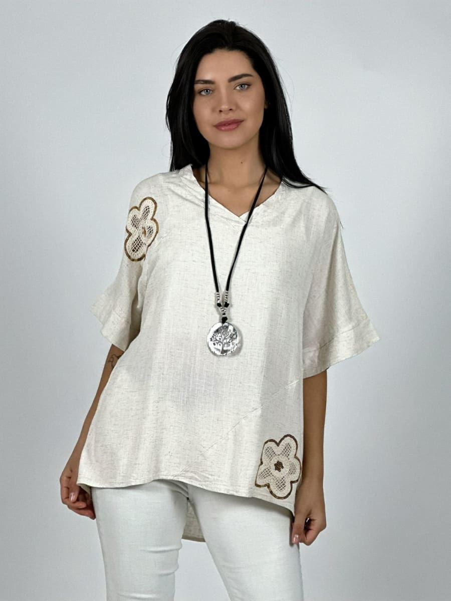 Polera Lino Flores Broderi con Brillos A1-310