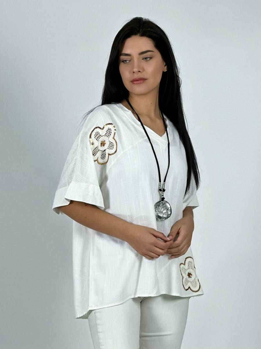 Polera Lino Flores Broderi con Brillos A1-35