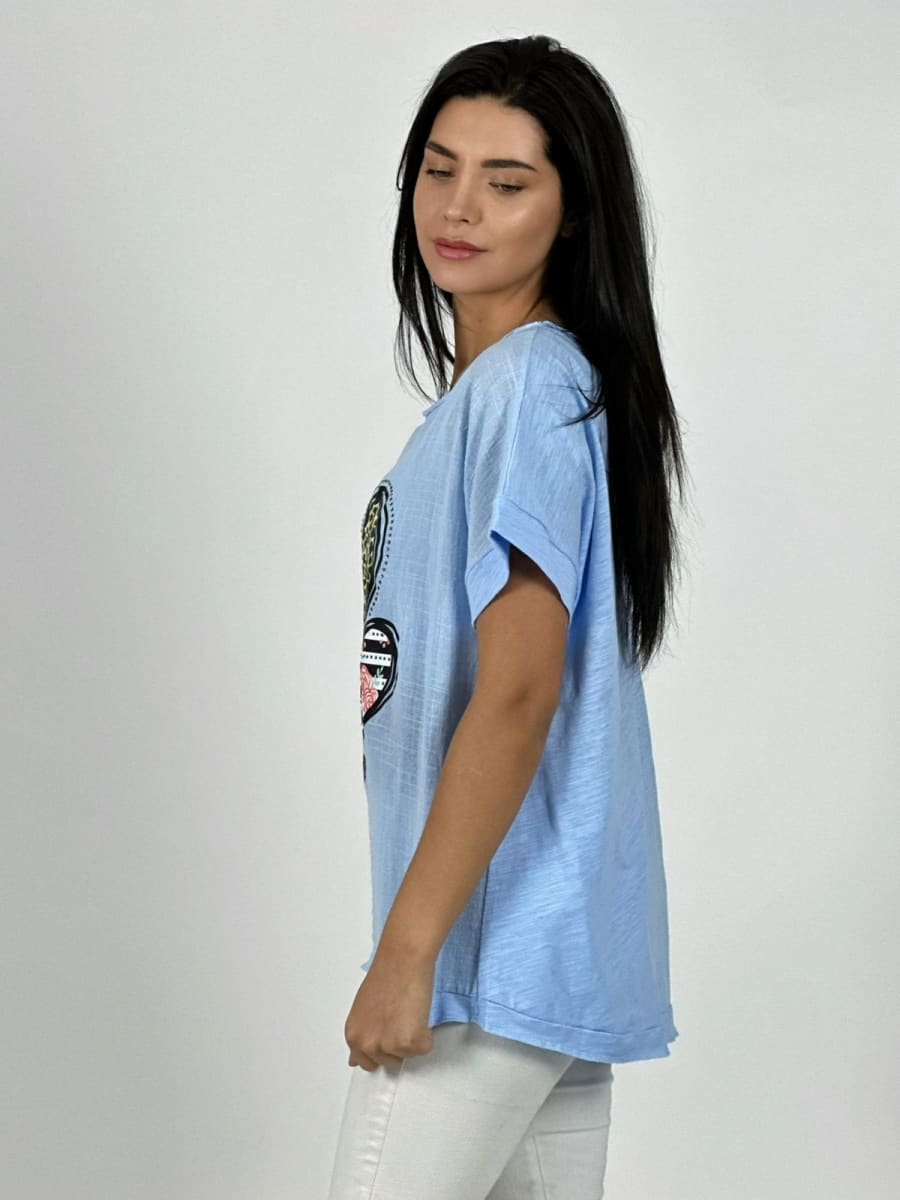 Polera Lino triple Corazon Print con Brillos A1-2912