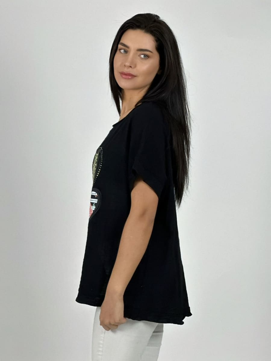 Polera Lino triple Corazon Print con Brillos A1-296