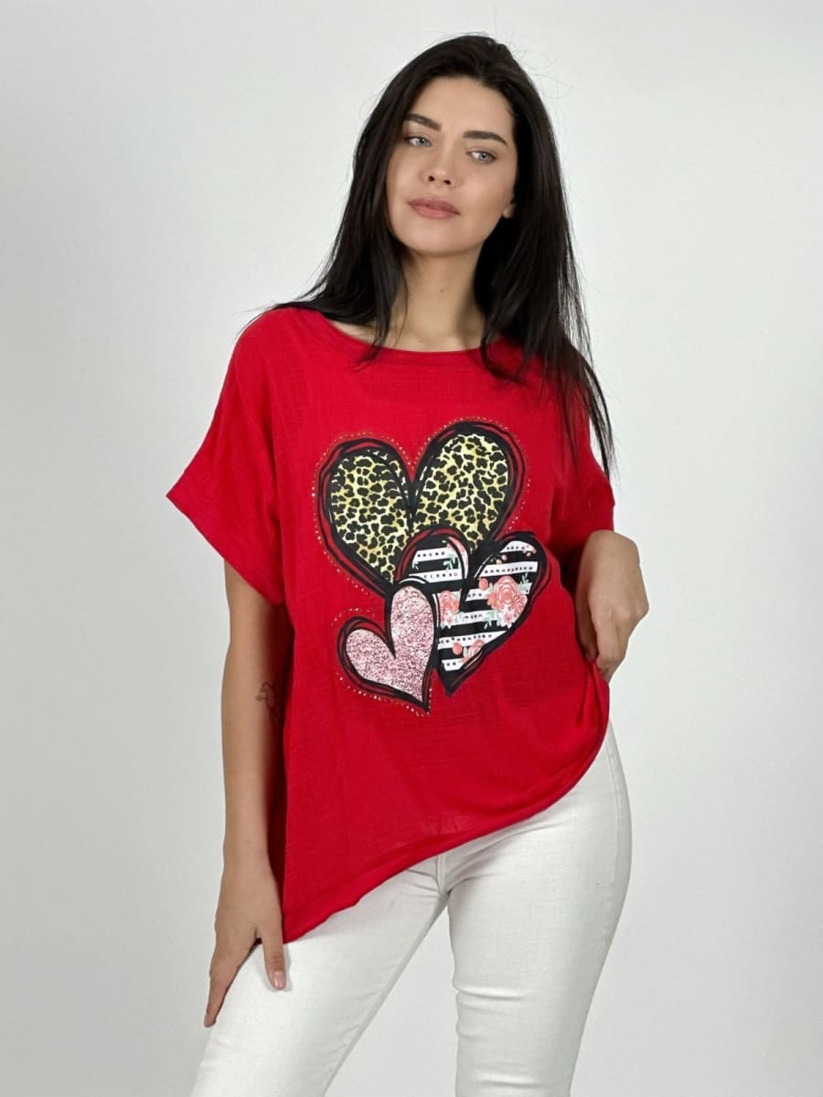 Polera Lino triple Corazon Print con Brillos A1-292